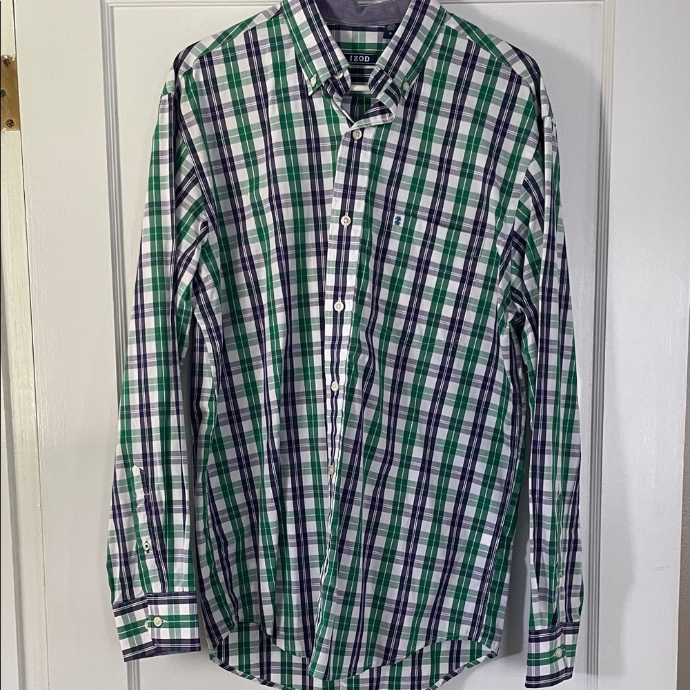 Izod Men's Plaid Shirt in White, Green, and Navy